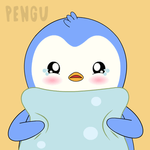 A Penguin Is Crying And Holding A Blue Pillow With The Word Pengu On The Bottom GIF