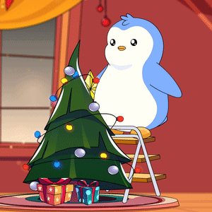 A Penguin Is Decorating A Christmas Tree With Presents Underneath It GIF