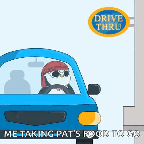 A Penguin Is Driving A Blue Car With A Drive Thru Sign Behind Him GIF