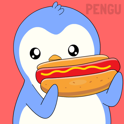 A Penguin Is Eating A Hot Dog With The Word Pengu On The Bottom Right GIF