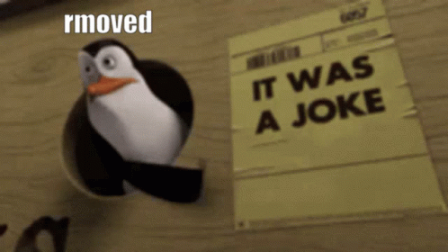 A Penguin Is Flying In Front Of A Sticky Note That Says It Was A Joke GIF