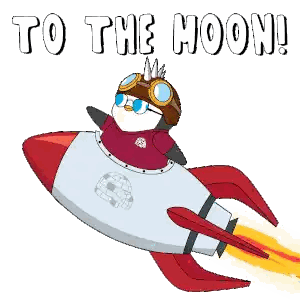 a penguin is flying on a rocket with the words " to the moon " above it