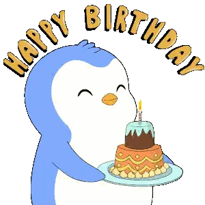 a penguin is holding a birthday cake with a candle and the words happy birthday surrounding it