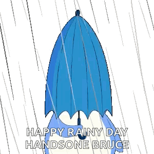 A Penguin Is Holding A Blue Umbrella In The Rain . GIF