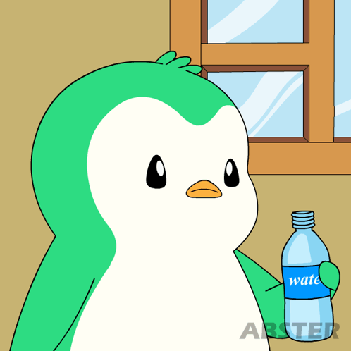 A Penguin Is Holding A Bottle Of Water With The Word Water On It GIF