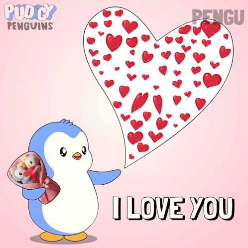 A Penguin Is Holding A Bouquet Of Flowers In Front Of A Crescent Moon Filled With Hearts GIF