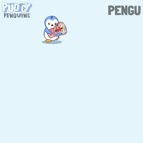 A Penguin Is Holding A Bouquet Of Stuffed Penguins And The Name Pengu Is On The Bottom Right GIF
