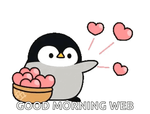 A Penguin Is Holding A Bowl Of Hearts With The Words Good Morning Web Below It GIF