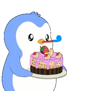 a penguin is holding a cake with strawberries on top