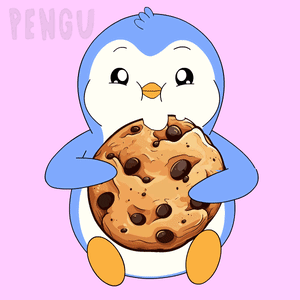 A Penguin Is Holding A Chocolate Chip Cookie With The Word Pengu On The Bottom GIF