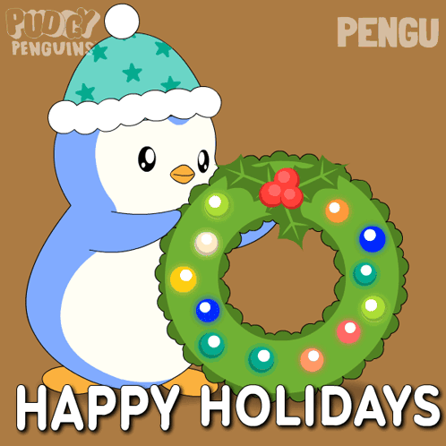 A Penguin Is Holding A Christmas Wreath With The Words Happy Holidays Below It GIF