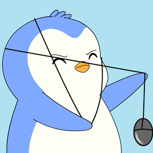 A Penguin Is Holding A Computer Mouse With A String Around His Neck GIF