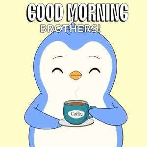 A Penguin Is Holding A Cup Of Coffee Surrounded By Hearts And Says Good Morning Brothers . GIF