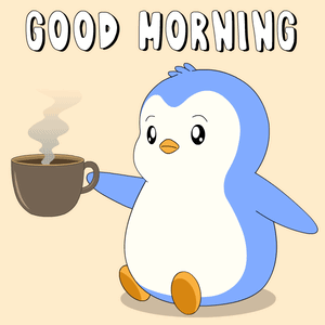 A Penguin Is Holding A Cup Of Coffee With The Words Good Morning Written Above It GIF