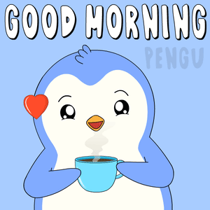 A Penguin Is Holding A Cup Of Coffee With The Words Good Morning Written Above It GIF