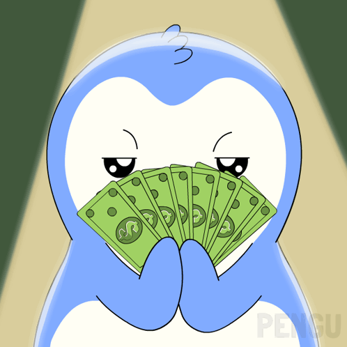 a penguin is holding a fan of money in front of his face