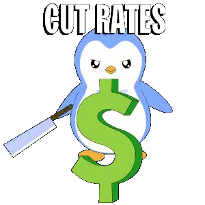 a penguin is holding a green dollar sign with the words cut rates written above it