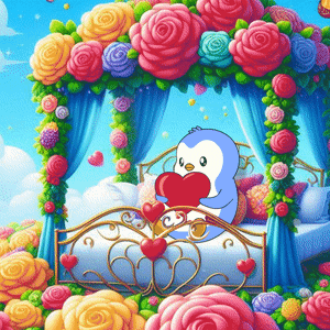 A Penguin Is Holding A Heart In A Bed With Roses GIF