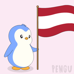 A Penguin Is Holding A Red And White Flag And The Word Pengu Is On The Bottom GIF