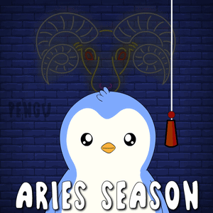 A Penguin Is Holding A Red Cone In Front Of A Sign That Says " Aries Season " GIF