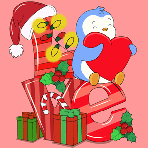 A Penguin Is Holding A Red Heart In Front Of A Candy Cane That Says Love GIF