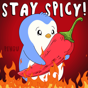 A Penguin Is Holding A Red Pepper With The Words " Stay Spicy " Written Above It GIF