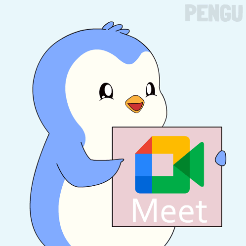 A Penguin Is Holding A Sign That Says " Meet " GIF