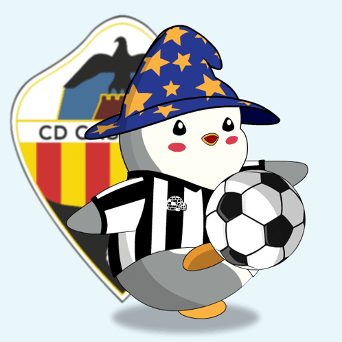 A Penguin Is Holding A Soccer Ball In Front Of A Cd Emblem GIF