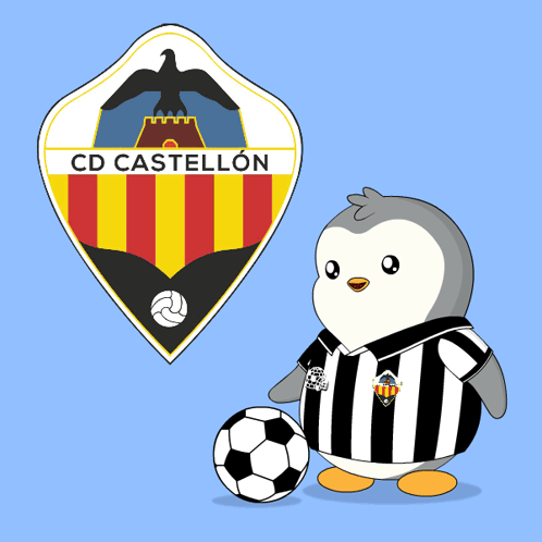 A Penguin Is Holding A Soccer Ball In Front Of The Cd Castellon Logo GIF