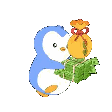 a penguin is holding a stack of money and a bag of money with a dollar sign on it