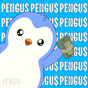 A Penguin Is Holding A Stack Of Money In Front Of A Blue Background That Says Pengu GIF