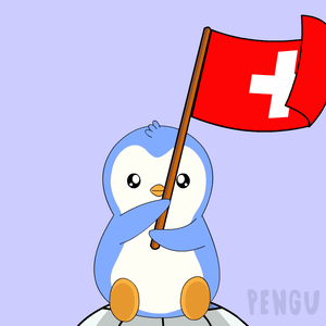 A Penguin Is Holding A Swiss Flag With A White Cross On It GIF