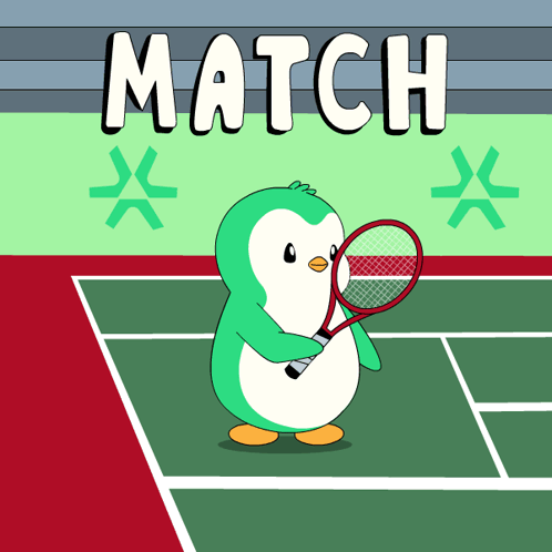A Penguin Is Holding A Tennis Racquet On A Tennis Court With The Word Match Above Him GIF