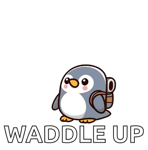 A Penguin Is Holding A Torch With Flames Coming Out Of It And The Words Waddle Up Behind It GIF