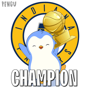 A Penguin Is Holding A Trophy In Front Of A Logo That Says Indiana Pacers GIF