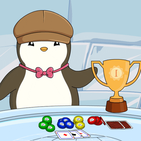 A Penguin Is Holding A Trophy That Has The Letter I On It GIF