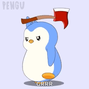A Penguin Is Holding An Axe On Its Head And Saying Grrr . GIF