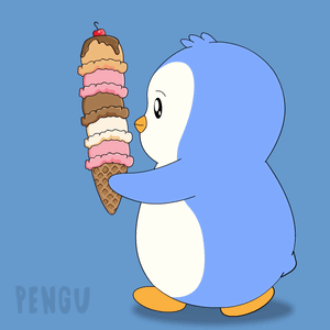 A Penguin Is Holding An Ice Cream Cone With A Cherry On Top Of It GIF