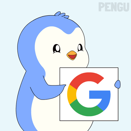 A Penguin Is Holding Up A Sign That Says Google GIF