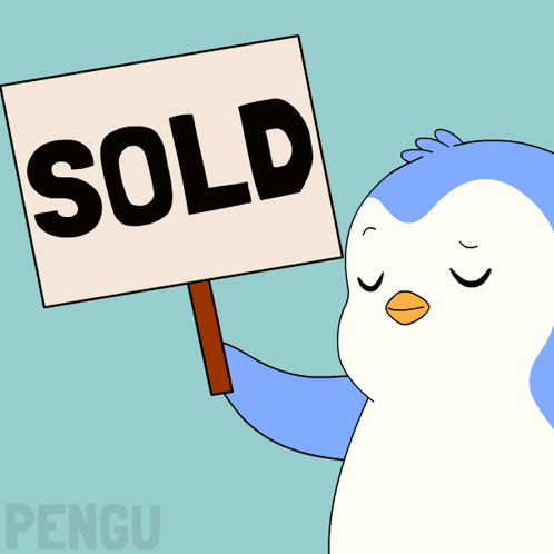 A Penguin Is Holding Up A Sold Sign With Its Eyes Closed GIF