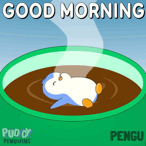 A Penguin Is Laying In A Cup Of Coffee With The Words Good Morning Pengu GIF
