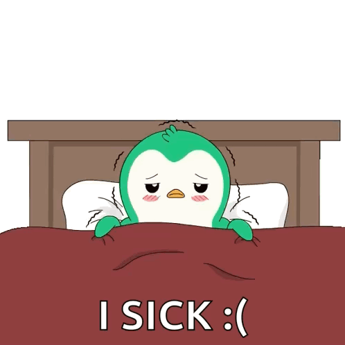 A Penguin Is Laying In Bed With The Words I Sick GIF
