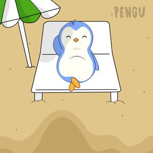 A Penguin Is Laying On A Beach Chair Under An Umbrella With The Word Pengu Below It GIF