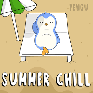 A Penguin Is Laying On A Beach Chair Under An Umbrella With The Words Summer Chill GIF