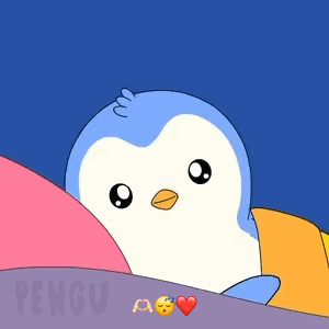 A Penguin Is Laying On A Bed With The Word Pengu On The Bottom Right GIF