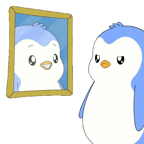 a penguin is looking at a mirror with the words good morning written below it