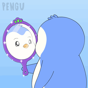 A Penguin Is Looking At Its Reflection In A Hand Mirror With The Word Pengu On The Bottom GIF