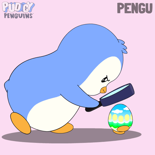 a penguin is looking through a magnifying glass at an easter egg and the name pengu is on the bottom right