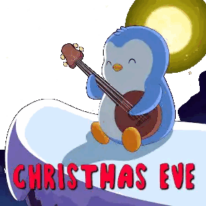 a penguin is playing a guitar in a christmas eve greeting card