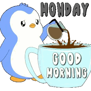 a penguin is pouring coffee into a cup that says good morning